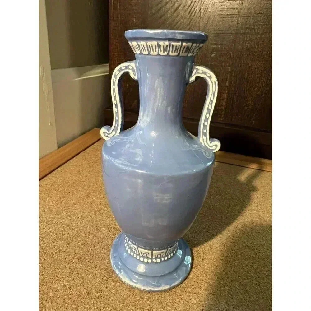 Vintage Greek Inspired Blue Handmade Vase 1977 Woman Playing Music